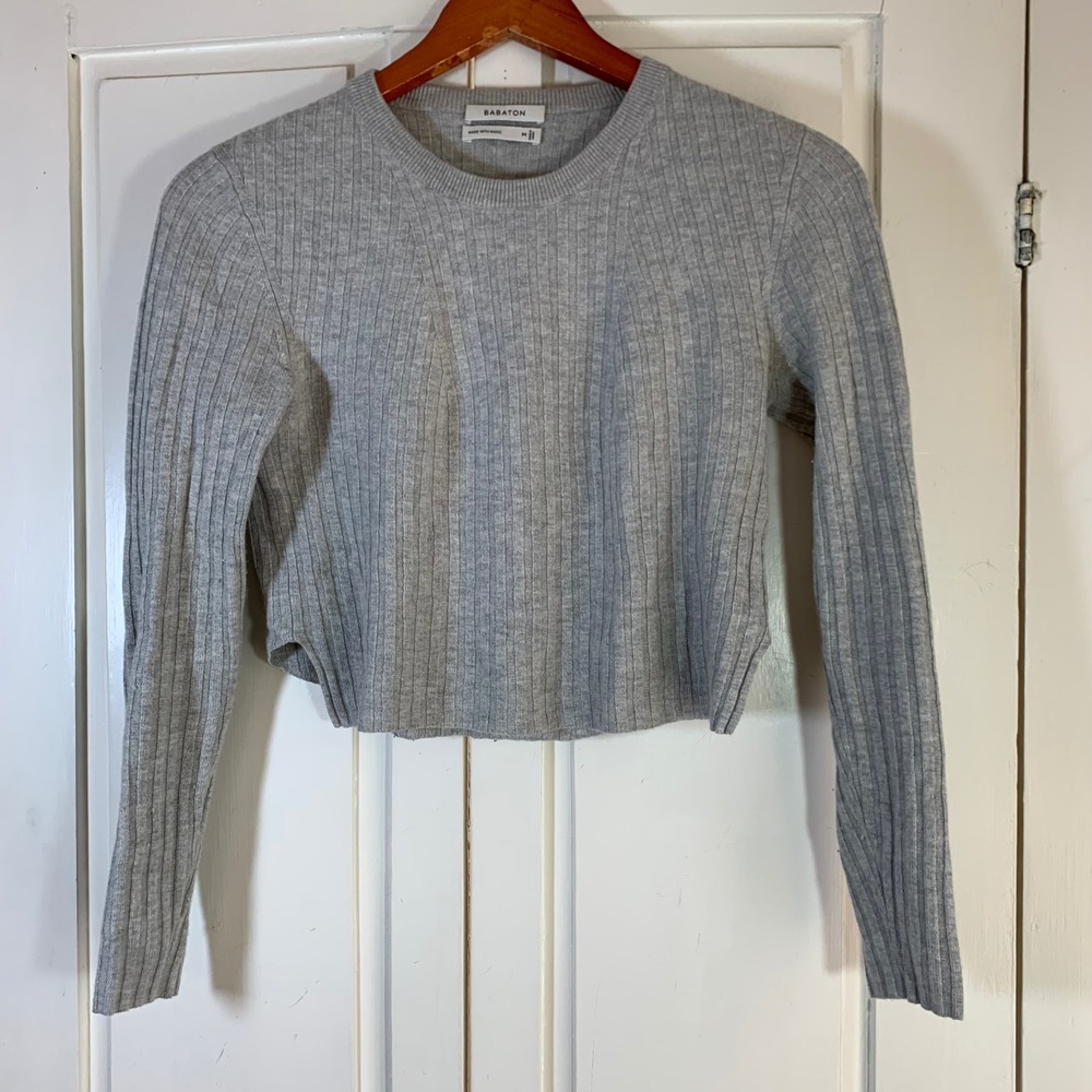 Babaton Aritzia Gray Wool Linen Ribbed Cropped Sweater Medium Neutral Cozy